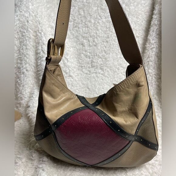 A.Bellucci leather khaki,taupe,burgundy &black stripes shoulder bag studs accent - Picture 2 of 16